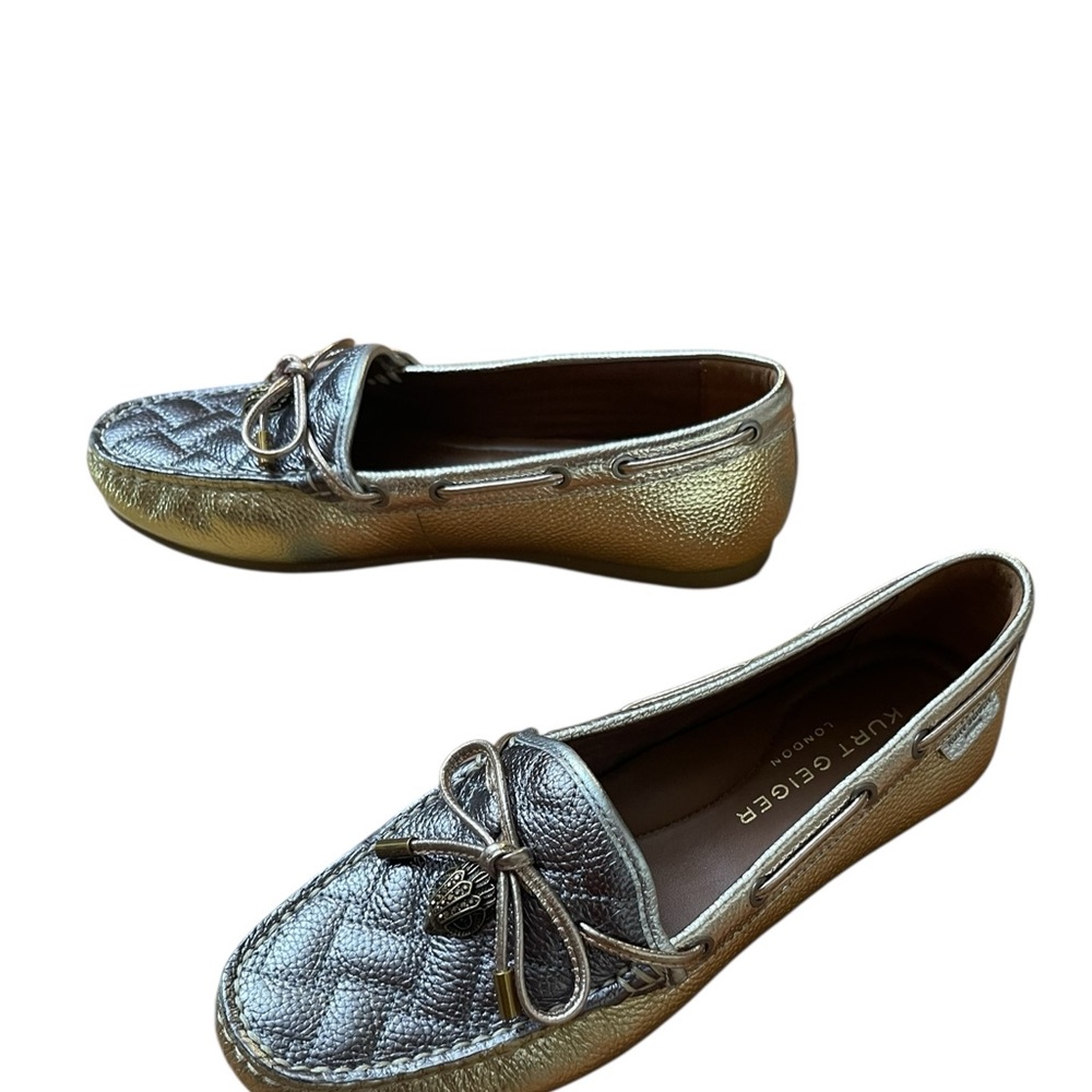 Kurt Geiger London Metallic Quilted Leather Loafers Crown Charm Bow Moccasins - Picture 3 of 16